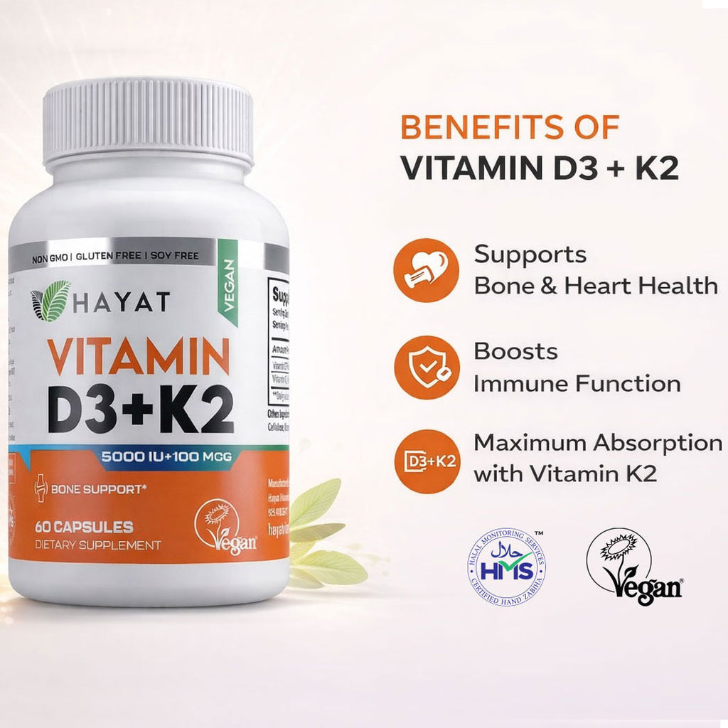 Hayat Vitamins Vegan Natural Vitamin D3 + K2 (5000IU + 100MCG), Certified Halal - 60 Capsules
