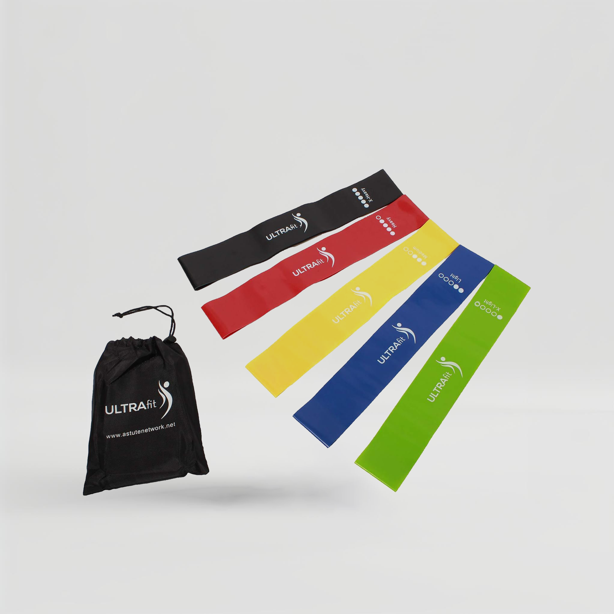 Astute ULTRAfit Resistance Loop Exercise Bands with Instruction Guide, Carry Bag, Set of 5.