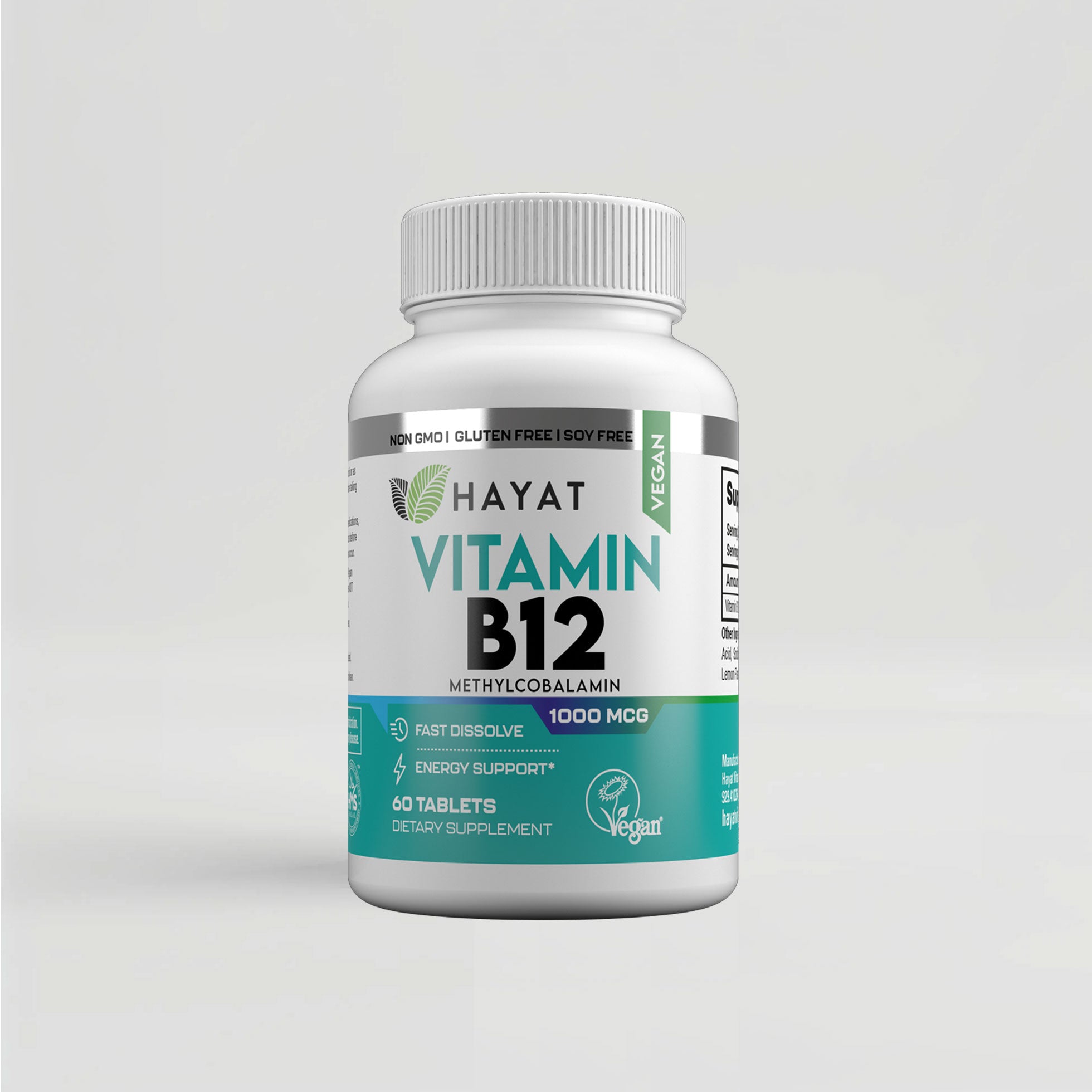 Hayat Vitamins Vegan Natural Quick Dissolve Vitamin B12 1000 MCG, Certified Halal - 60 Tablets