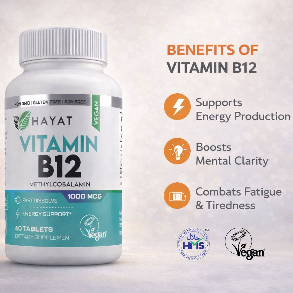 Hayat Vitamins Vegan Natural Quick Dissolve Vitamin B12 1000 MCG, Certified Halal - 60 Tablets