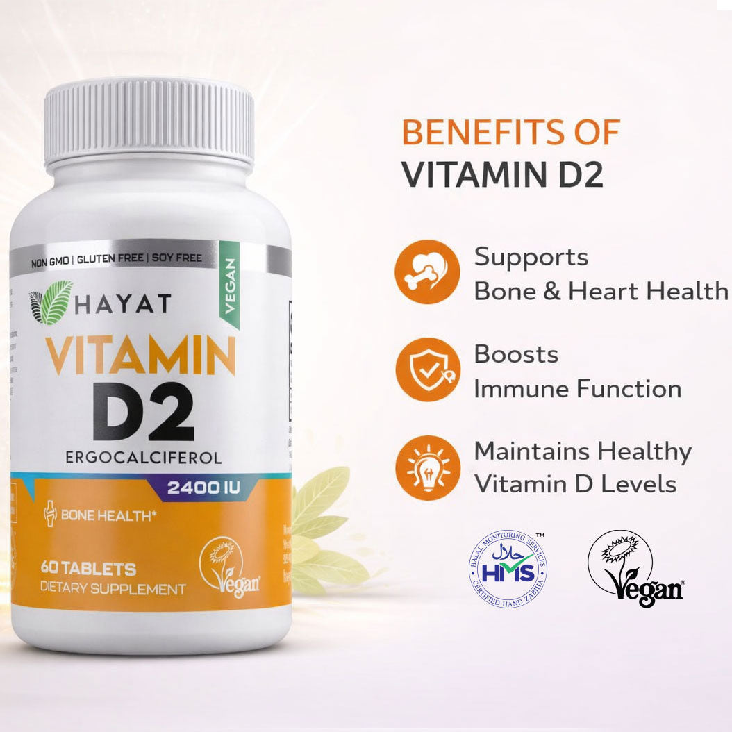Hayat Vitamins Vegan Natural Vitamin D 2400IU, Certified Halal - 60 Tablets