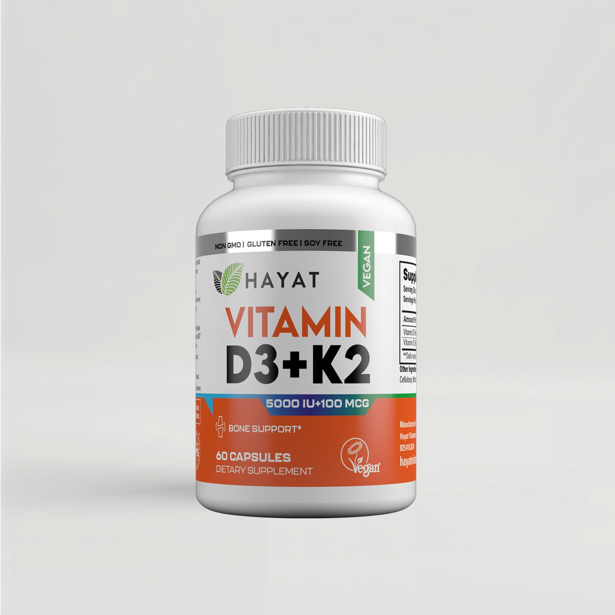 Hayat Vitamins Vegan Natural Vitamin D3 + K2 (5000IU + 100MCG), Certified Halal - 60 Capsules