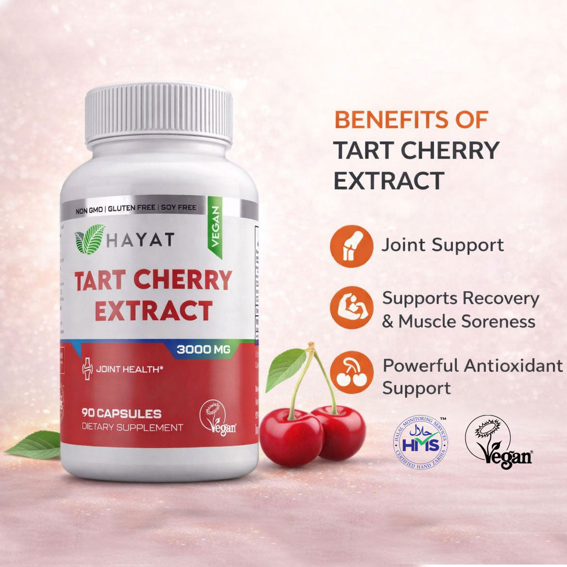 Hayat Vitamins Vegan Natural Tart Cherry Extract 3000 MG, Certified Halal - 90 Capsules